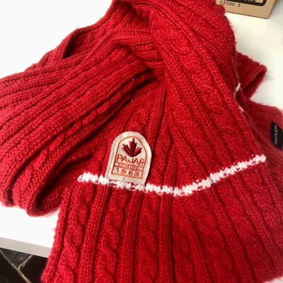 Pajar Canada Est. 1963. Red Cable Knit Wool 80" Scarf | Logo Patch Winter Warm - Picture 4 of 5
